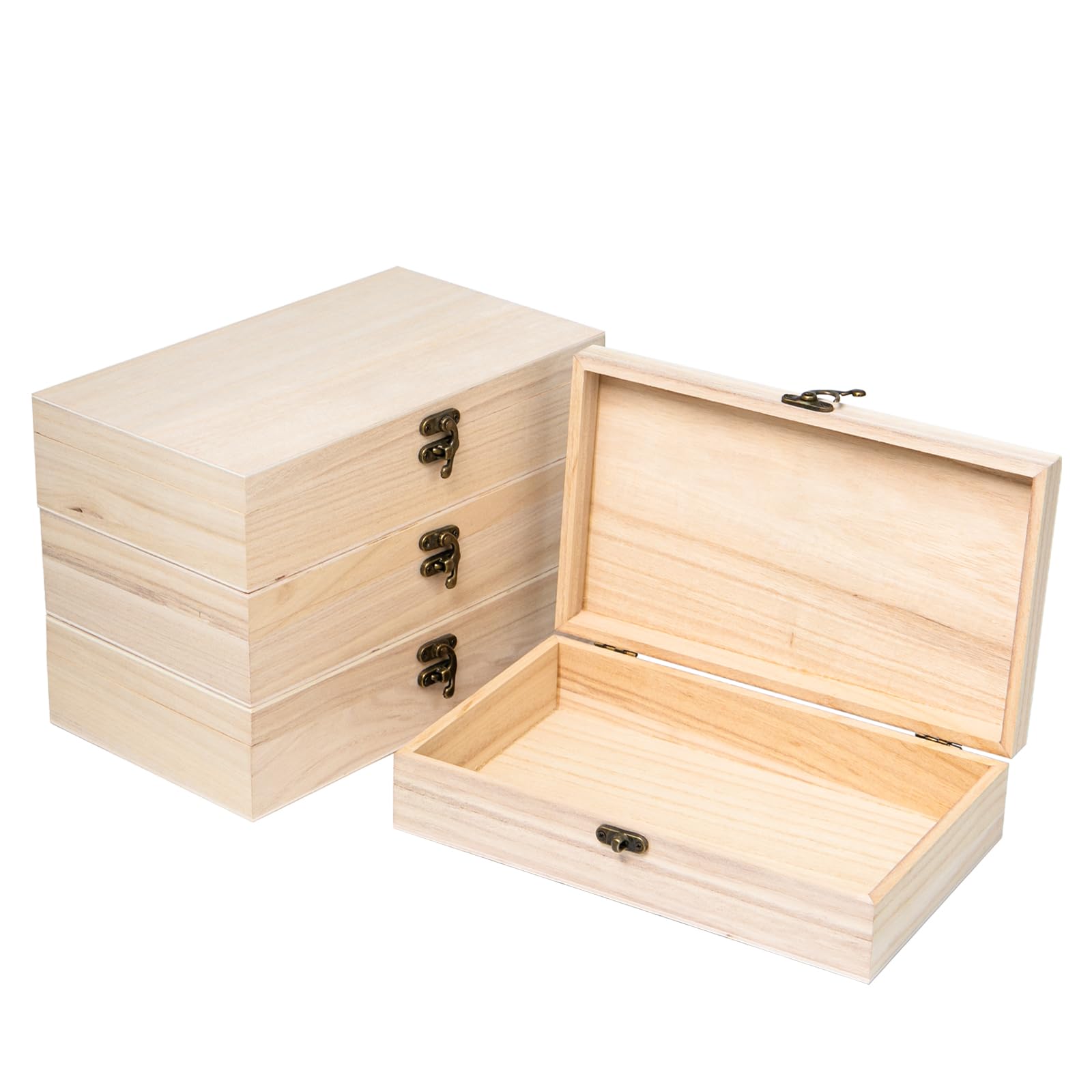 4 Pezzi Scatola di Legno con Coperchio 25x15x6cm Scatola Portaoggetti Legno Grezzo Non Finita Cassetta in Legno Rettangolare con Cerniera e Chiusura a Scatto per DIY Decora