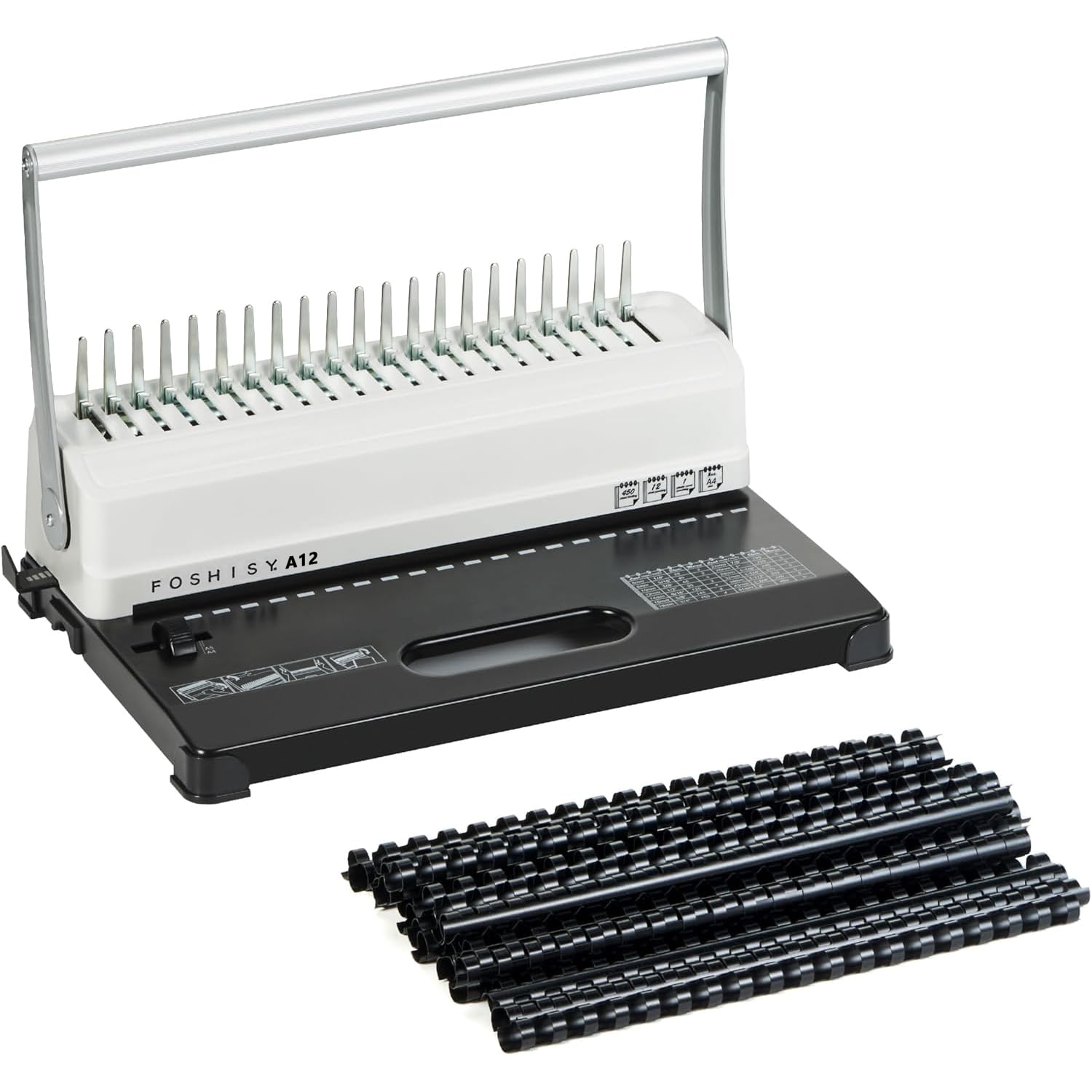 FOSHISY Comb Binding Machine, 21-Hole, 450 Sheet Capacity, Paper Punch Comb Binder Machine Starter Kit with 50 PCS 12mm Binding Combs for A4, A5 or Smaller Sizes