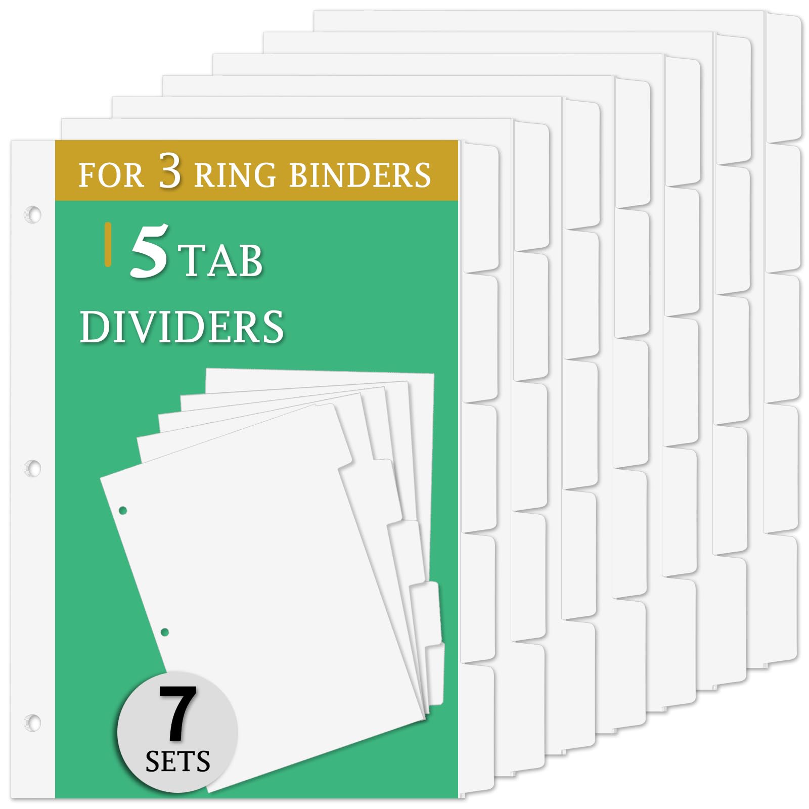 Binder Dividers for 3 Ring Binder, 7 Sets Blank Write On Page Dividers with 5 Tabs, 1/5 Cut Tabs, 3 Hole 5 Tab Binder Dividers for School Office Home, 35 Dividers, Letter Size, White