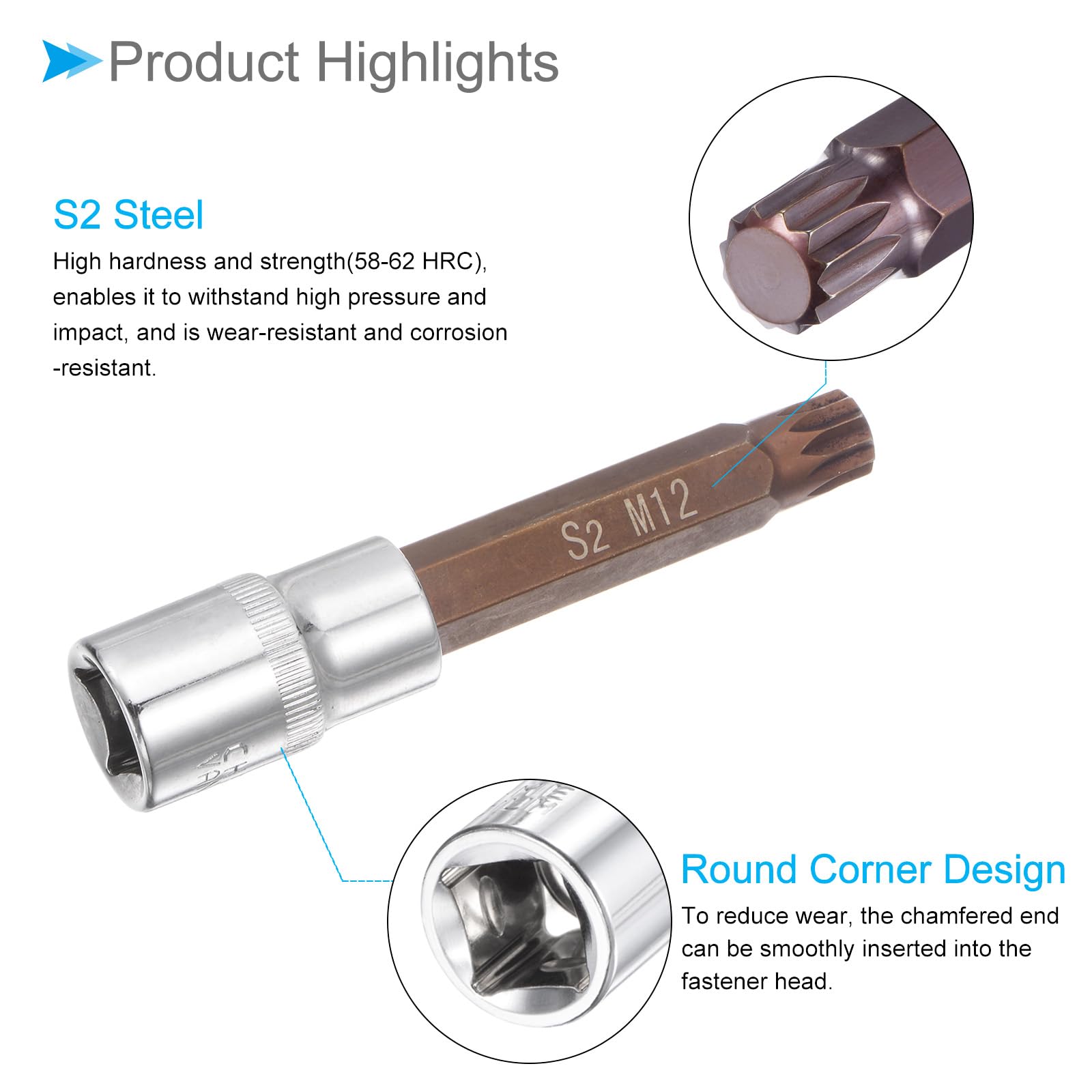 CoCud M12 Spline Bit Socket 1/2" Impact Bit Socket S2 Steel CR-V Impact Bit Screwdriver Sockets with Hex Shank Adapter - Image 4