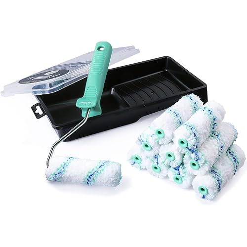 4 inch Small Paint Roller Tray Set, PinStone 12pcs 4" Mini Paint Roller with Extension Threads, 10 Microfiber Covers & Paint Preservation Tray Lid, Mini Rollers for Painting Walls, Cabinets, Touch-ups