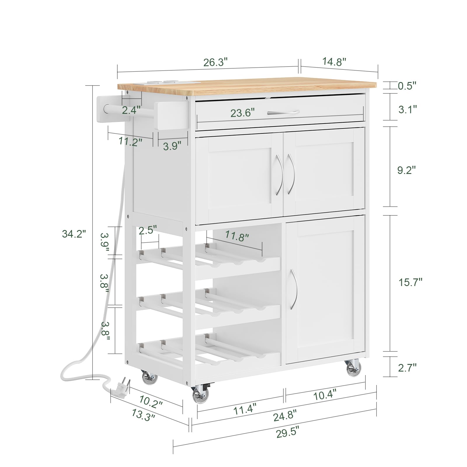 SoBuy Wózek kuchenny z gniazdkiem, 75x37,6x86,5 cm, do kuchni | Wyspa kuchenna z półką na wino i wymiennymi nogami, wózek serwisowy z kółkami i blatem roboczym, MDF/PB FKW45-E-WN