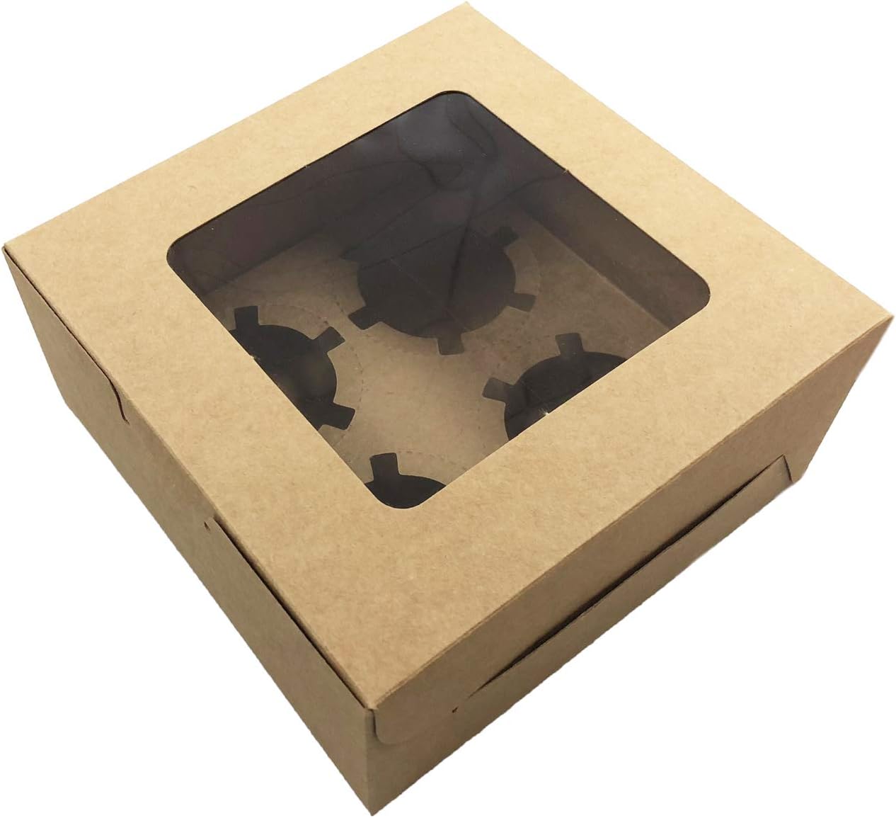 Prudance 15pcs 6x6x3in Brown Bakery Boxes with Window include 4 Cupcake Box Insert,Kraft Cupcake Boxes for Cookie,Cakes, Pastries and Chocolate Covered Strawberries.