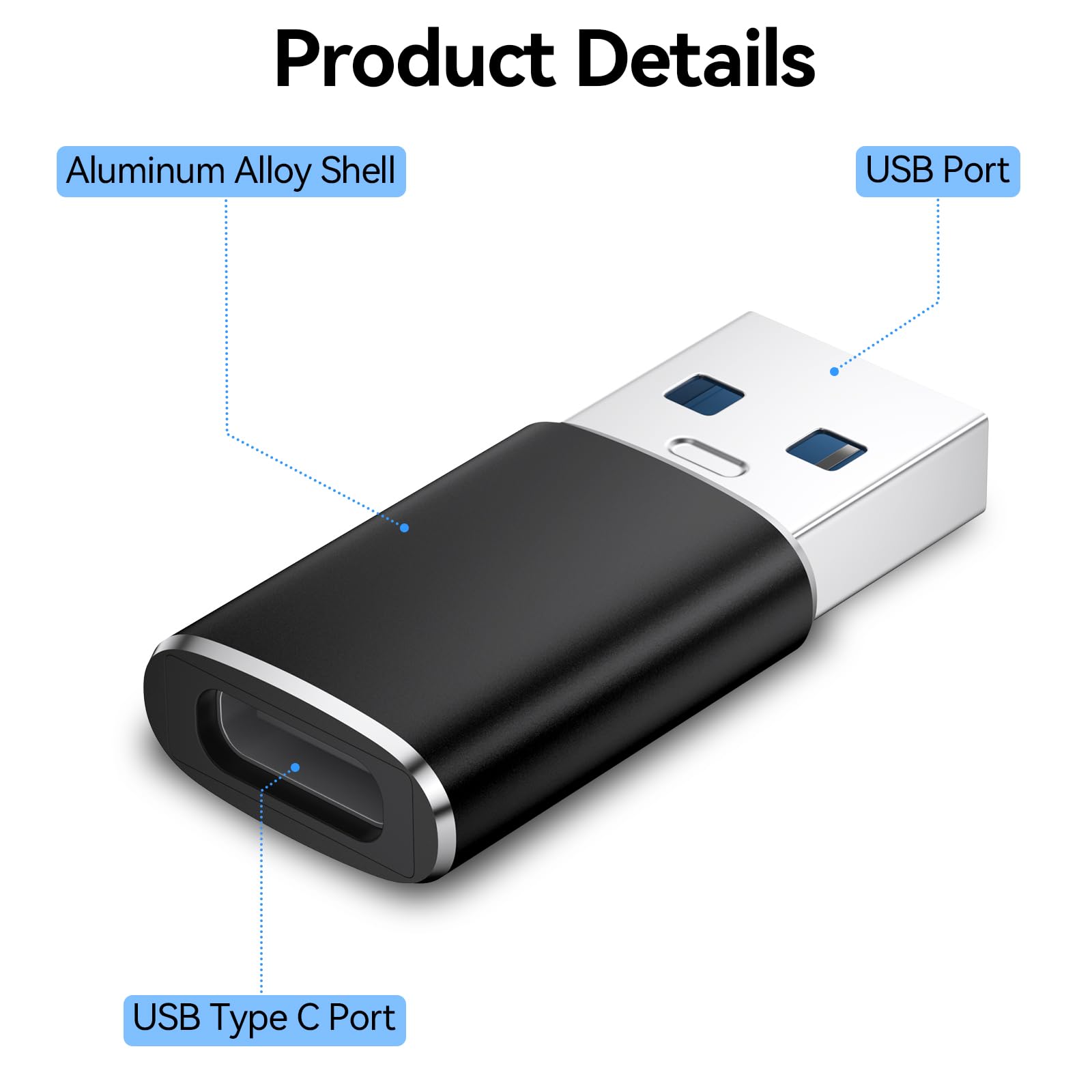 Oumida 【3 sztuki】 Adapter USB na USB C do iPhone 16, 16e, 15, 14 Pro Max Plus, gniazdo typu C na wtyczkę, ładowarka zasilacz do iPad 10 Mini 7 Air 6, Apple Watch 8 9, Samsung Galaxy S25 A55 (czarny)
