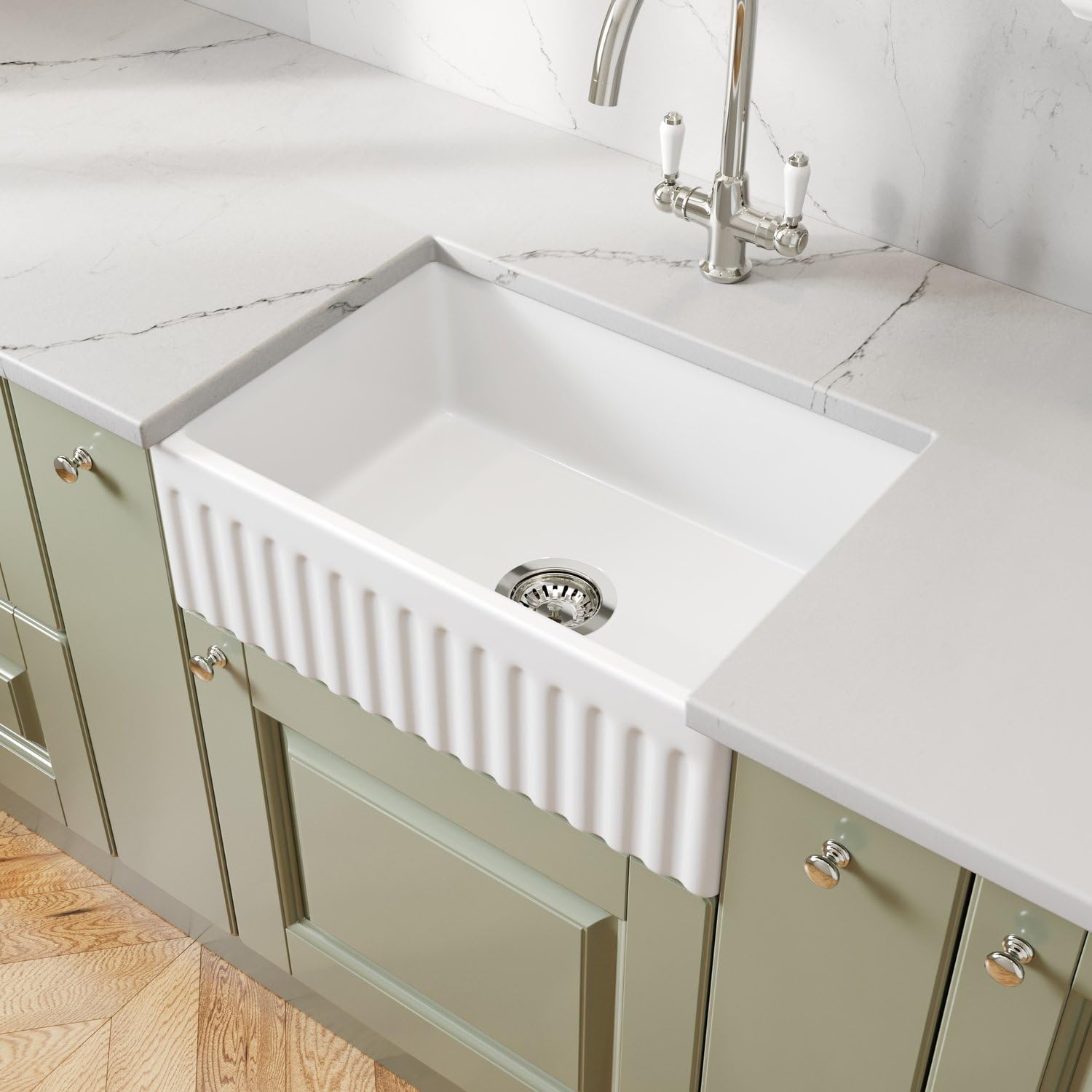 Lussena 605 x 405mm Fluted Ceramic Belfast Kitchen Sink Drop in Single Bowl 1.0 with Free Chrome Basket Strainer Waste