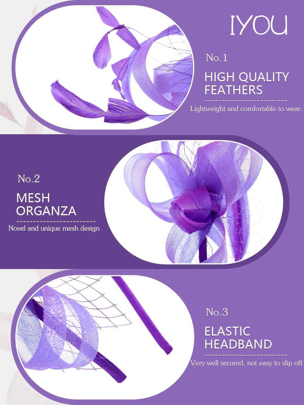 IYOU Feather Wedding Fascinators Headband Purple Flower Tulle Hair Bands Mesh Veil Bridal Cocktail Tea Party Hair Accessories for Women - Image 2