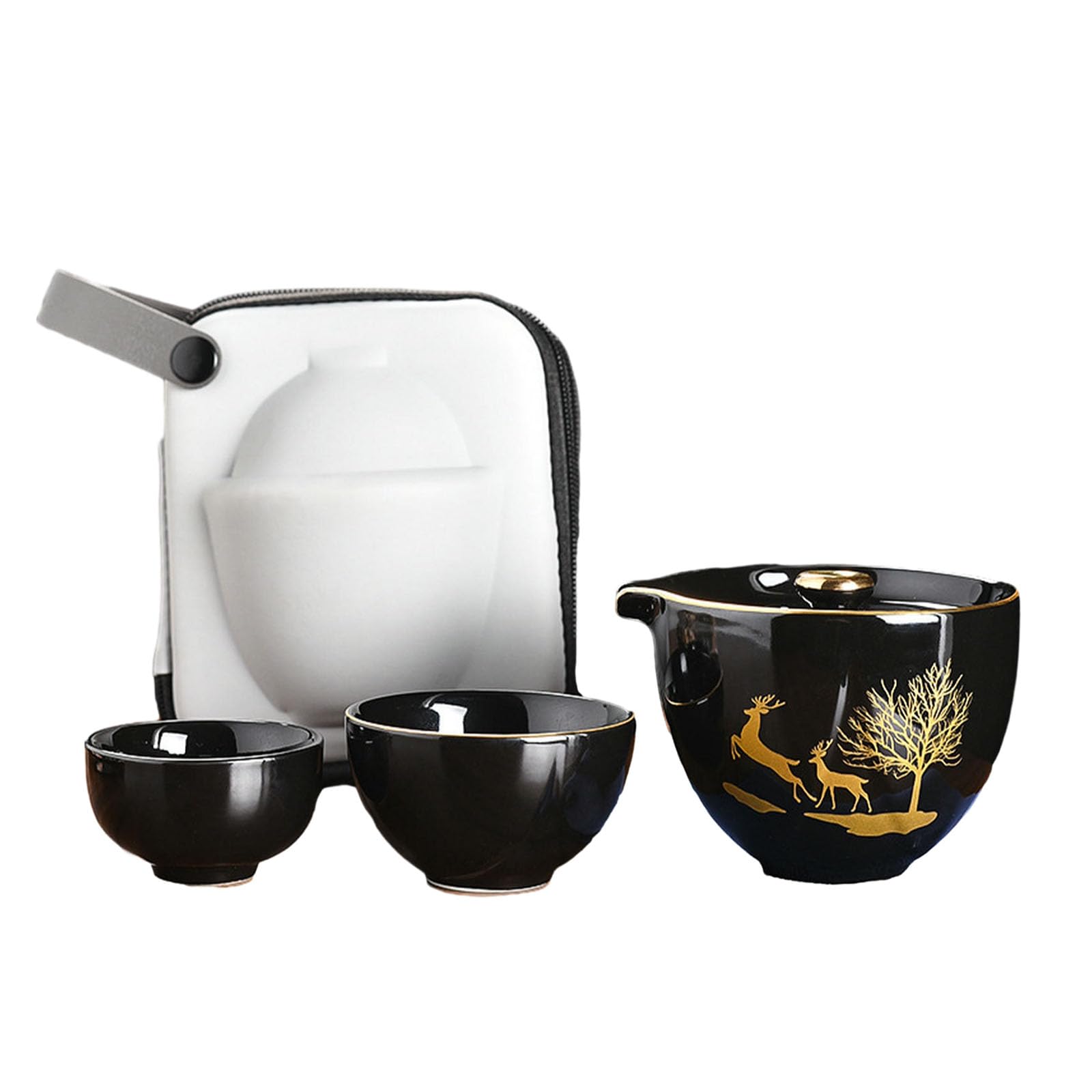Juego de té portátil de cerámica japonesa, juego de viaje al aire libre con una olla y dos tazas, clásico negro y ciervo acompañan
