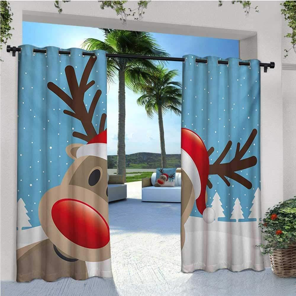 Christmas Exterior/Outside Curtains Reindeer Rudolph with Red Nose and Santa Claus Hat Snowy Forest for Patio Light Block Heat Out Water Proof Drape W84 x L96 Pale Blue Red Pale Brown