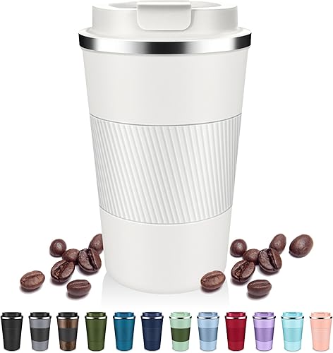 Miniatura 10 de Vasos de café aislados con tapa abatible de 12 oz / 17 onzas, taza de café de viaje de acero inoxidable a prueba de fugas, taza de café aislada al