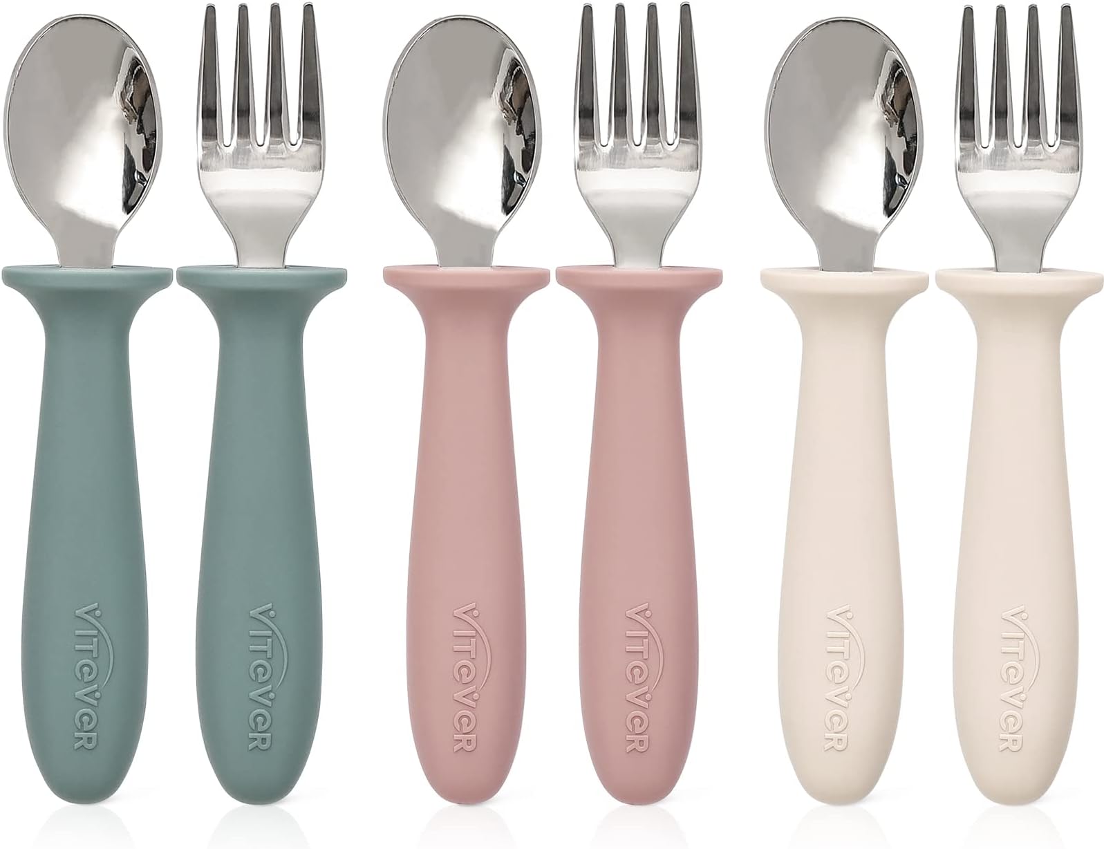 VITEVER 6 Pieces Toddler Utensils, Kids Silverware Set with Silicone Handle, Children Safe Spoons and Forks, 18/8 Stainless Steel, Food-grade Silicone - Dishwasher Safe