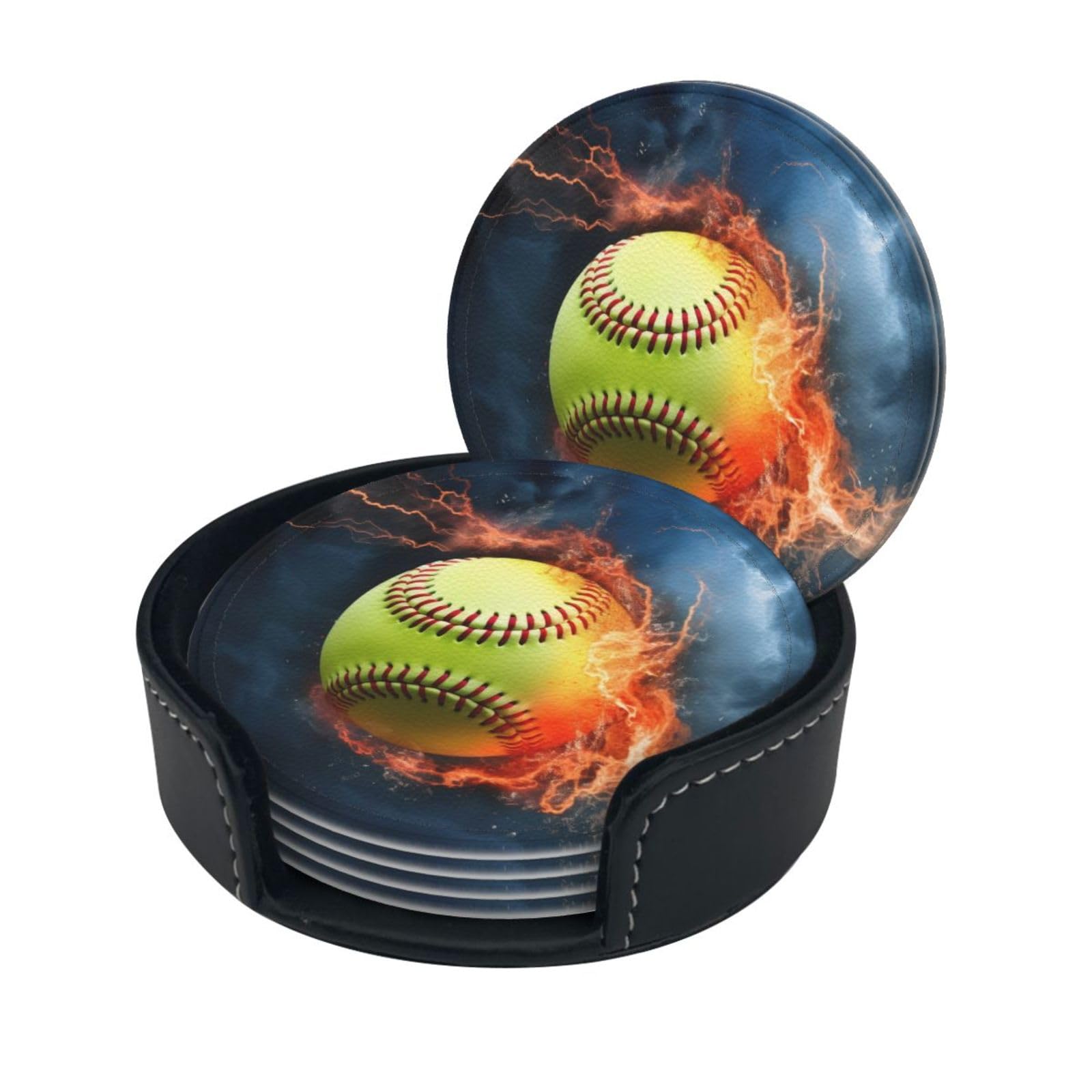 Stylish Coasters - Orange Softball Baseball On Fire and Water Set of 6 Round Leather Drink Coasters with Holder - Perfect Size for Cups and Glasses