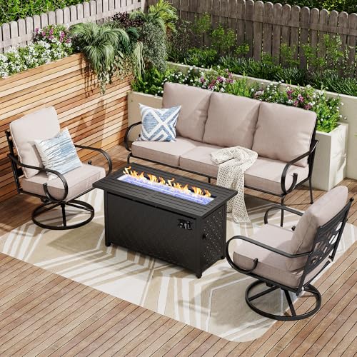 Patio Furniture Set with 45″ Fire Pit Table, Outdoor All-Weather Steel Frame Metal Patio Conversation Sets with Waterproof Cushions for Backyard, Porch and Garden (Beige, 4 pcs w/Fire Pit Table)