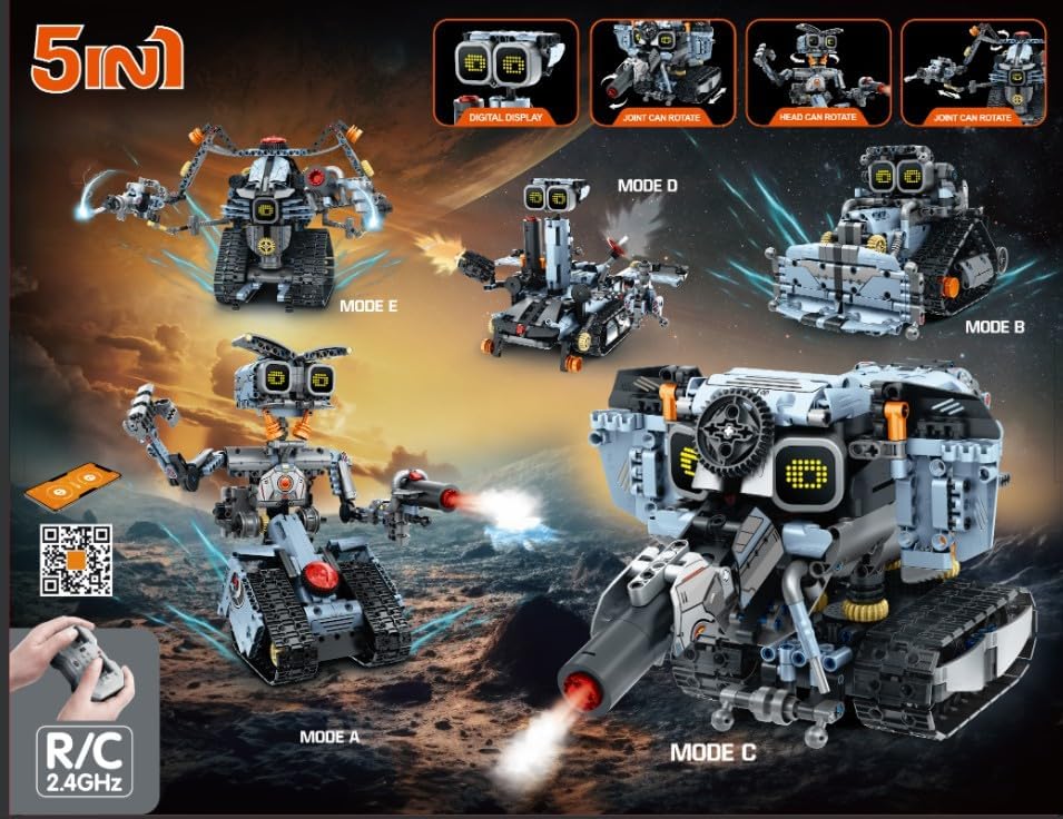 Miniatura 11 de Juego de construcción de robot de ojos LED intercambiables, 5 en 1, control remoto y controlado por aplicación, bloque de construcción robótico RC