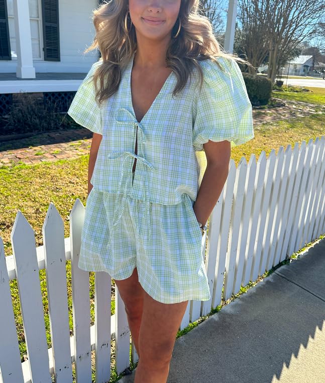 Image of Thopavenoir Women 2 Piece Casual Lounge Sets Y2k Puff Sleeve Peplum Shirt Tie Front Tee Shirt Shorts 2pcs Pajamas Sets
