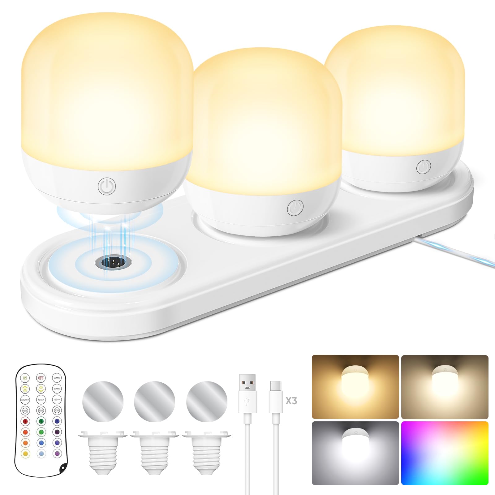 Juego de bombillas recargables que funcionan con pilas con estación de carga magnética 3 en 1 y control remoto, bombilla LED desmontable regulable inalámbrica con 15 colores seleccionables para