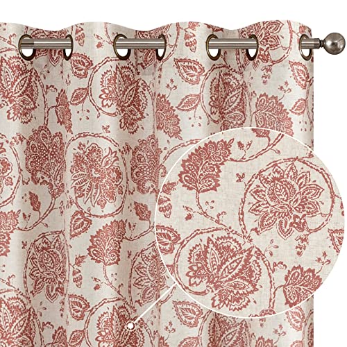 Jinchan Floral Scroll Linen Curtains 84 Inches Long Terra Red Window Curtains For Bedroom Grommet Light Filtering Farmhouse Drapes For Living Room Vintage Printed Window Treatments Set 2 Panels #TOP25