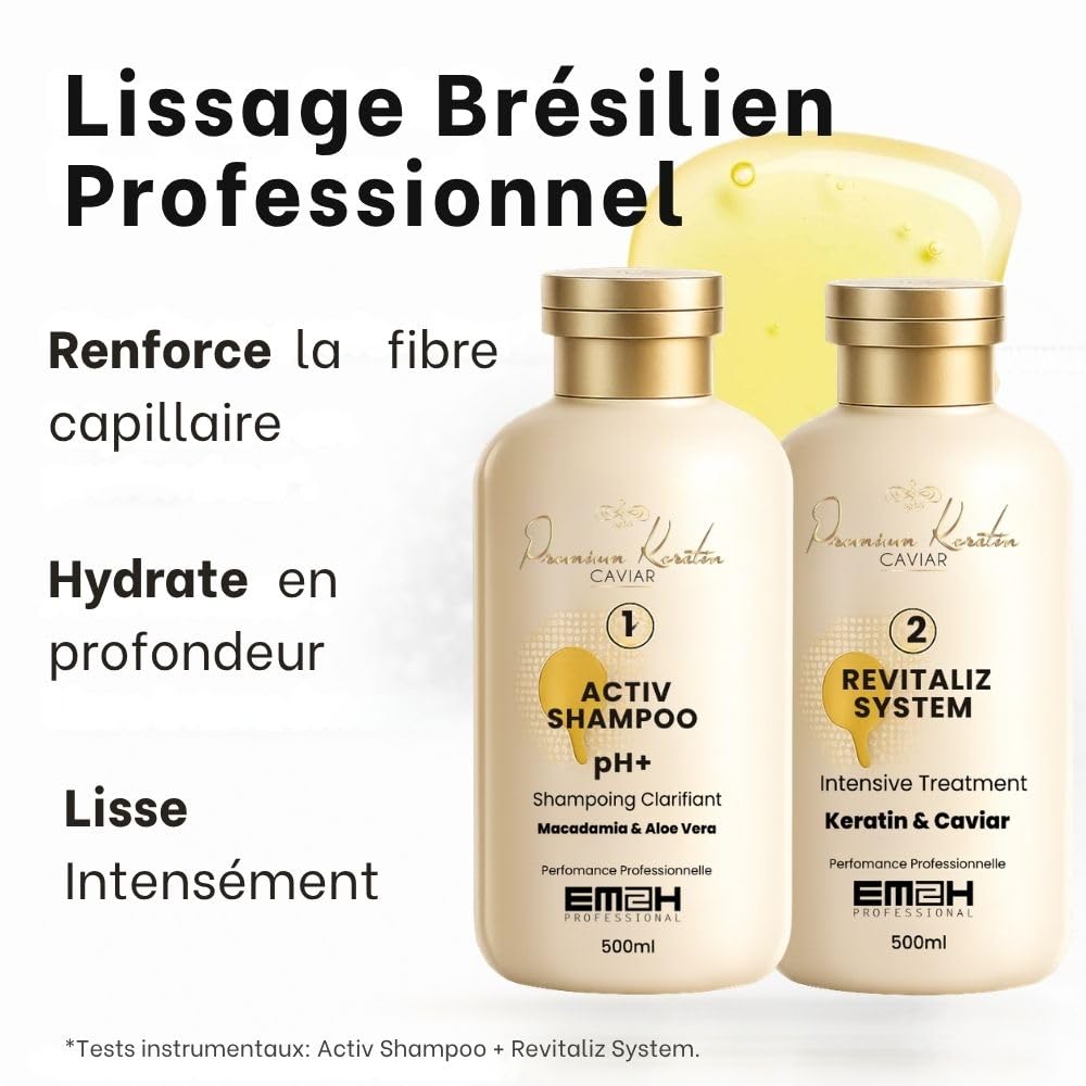 Premium Keratin Caviar Kit Lissage Brésilien - Soin lissant à la kératine - Lisse, réduit les frisottis, apporte brillance et souplesse (2 x 500 ml)