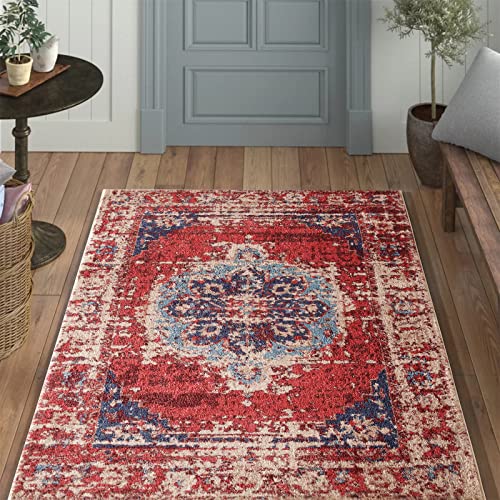 Roomtalks Boho Vintage Distressed Kitchen Rugs Non Slip Washable - Faux Wool Soft Stain Resistant Traditional Wine Red Persian 3’X5’ Accent Area Rugs For Bedroom Entryway Indoor Low Pile Door Mat #TOP23