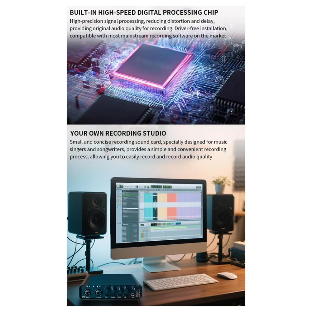Interfaz de Audio Profesional con Tarjeta de Sonido y Monitorización para Guitarra Eléctrica, Grabación en, Canto en Estudio y Micrófono.