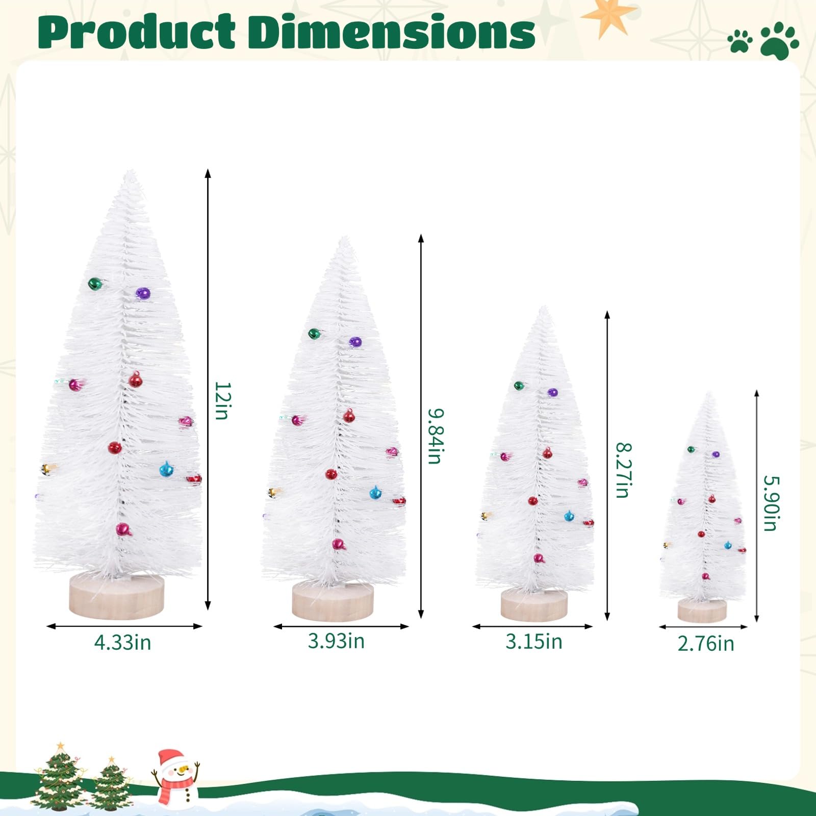 4 Stück Mini-Weihnachtsbäume, weiße Tischbäume in Frostoptik mit Glocken und Holzsockel, künstliche Kiefern von 6 bis 12 Zoll mit Buntem Baumschmuck für Weihnachtsfeier und Heimdeko