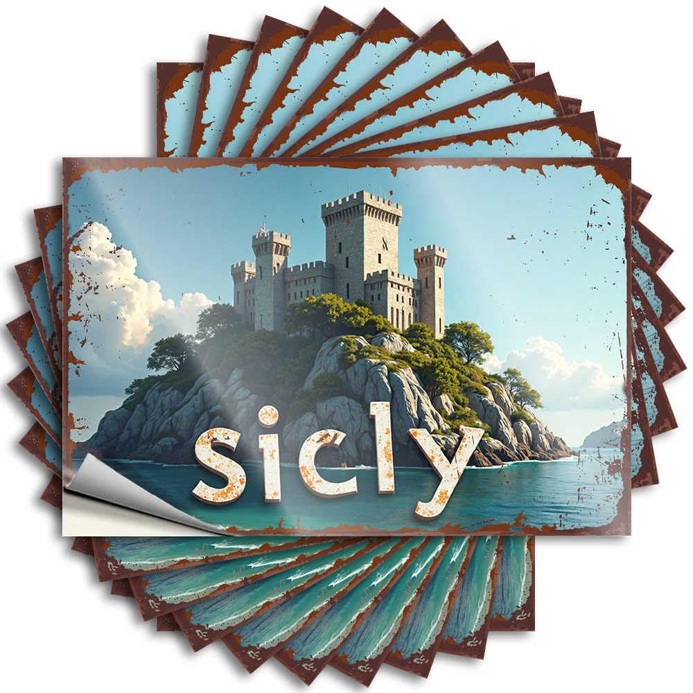 Decal Personalized Outside Decor Waterproof - Sicilian Castle By The Sea: A Dreamy Landscape Hard Self Adhesive Decal for Humor Use(12X18CM)