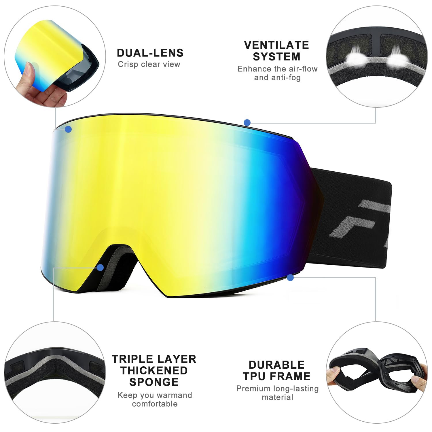 FMY Occhiali da sci per uomini, donne e ragazzi, anti appannamento, protezione UV400, per snowboard, sci, per adulti