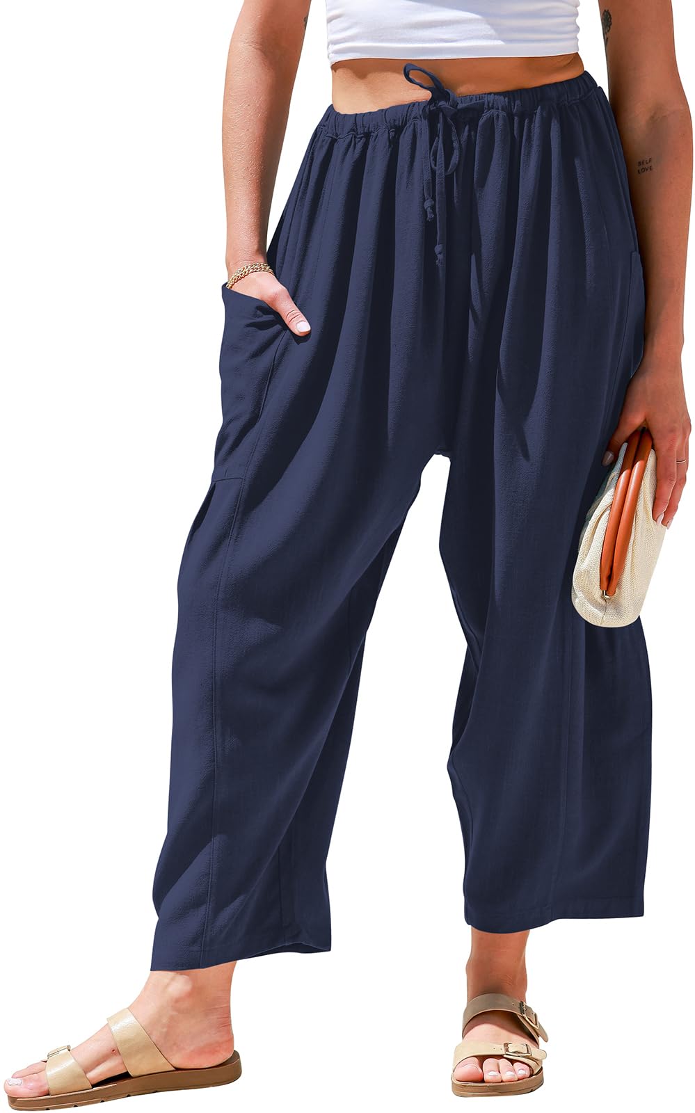 TARSE Womens Linen Wide Leg Pants Casual Loose Drawstring Summer Beach Travel Vacation Palazzo Harem Pants with Pockets