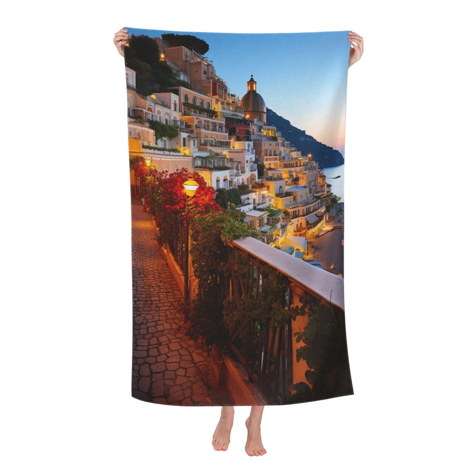 HLBSDM Positano Seaside Sunset Beach Towel 52 x 32 in Vacation Essentials Quick Dry Sand Free Pool Swim Towel Super Absorbent Bath Towels Oversized Gym Towels Travel Blanket Gift