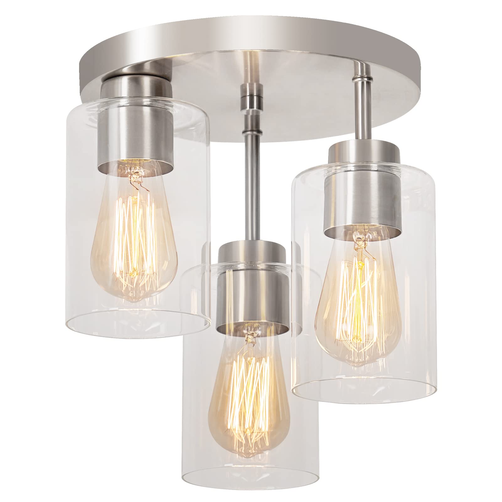 Semi Flush Mount Ceiling Light 3-Light Brushed Nickel Flush Mount Ceiling Light Fixtures with Clear Glass Shade, Modern Kitchen Ceiling Light for Bedroom Stairs Porch Hallway Entryway, E26 Socket