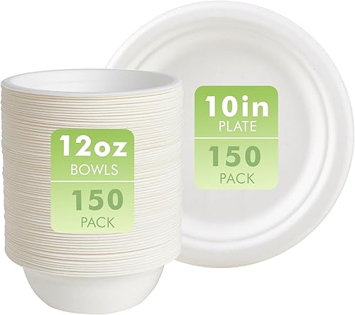 ECOLipak Paquete de 150 cuencos de papel compostables de 12 onzas y 150 platos de papel de 10 pulgadas desechables, platos y cuencos de papel