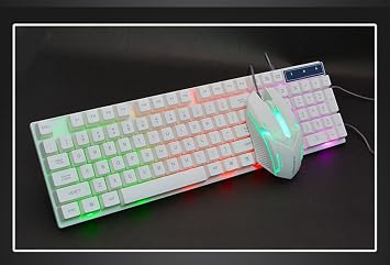 LED Rainbow Color Backlit Adjustable Gaming USB Wired Keyboard Mouse Set - Eighteen Crossing D280 Wired USB Lighting Gaming Computer Touch Keyboard and Mouse Set, White