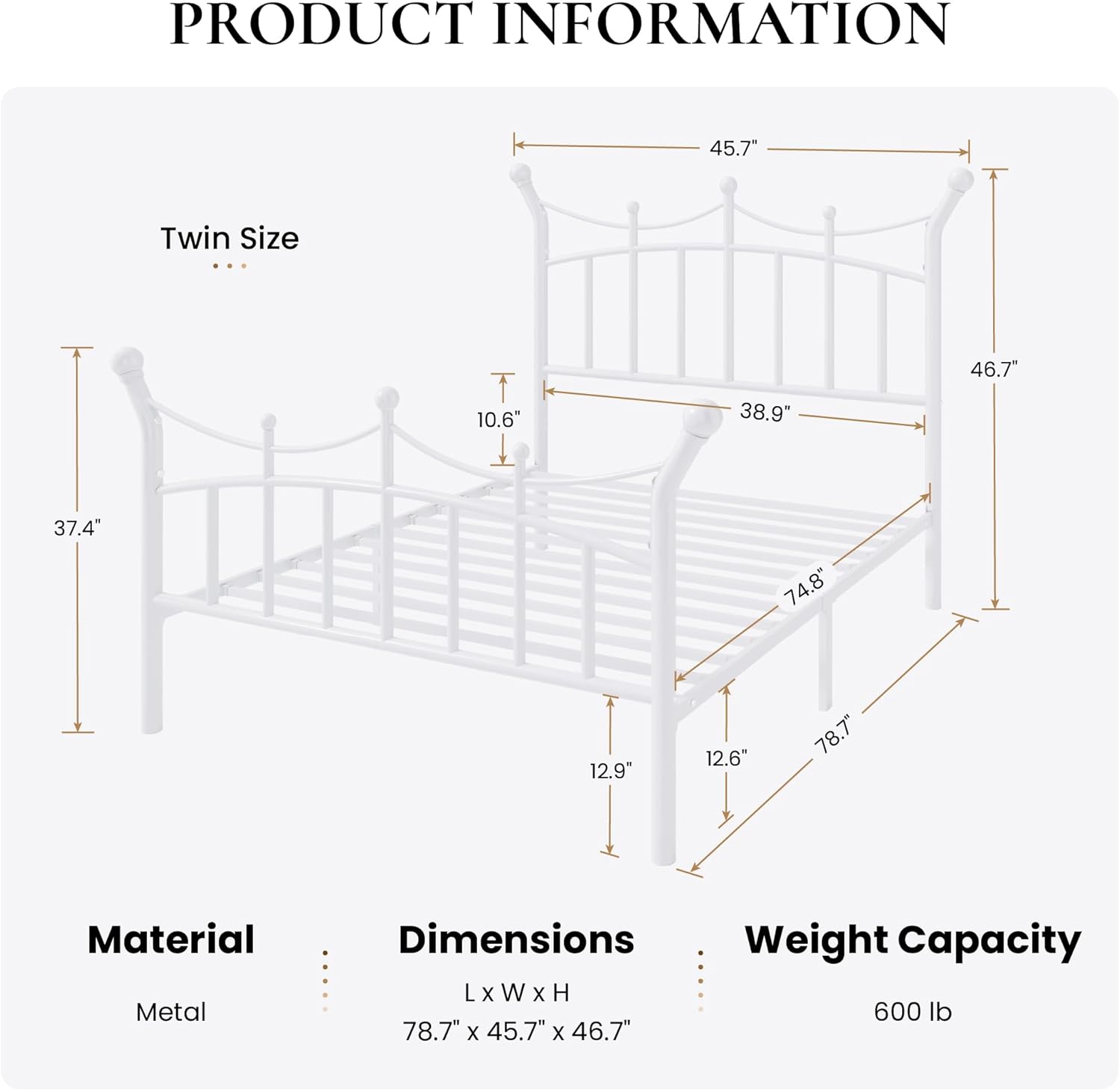 SHA CERLIN 14 Inches Twin Size Metal Platform Bed Frame with Crown Style Victorian Headboard & Footboard, Ample Under Bed Storage, Noise Free, Easy Assembly, No Box Spring Needed, White