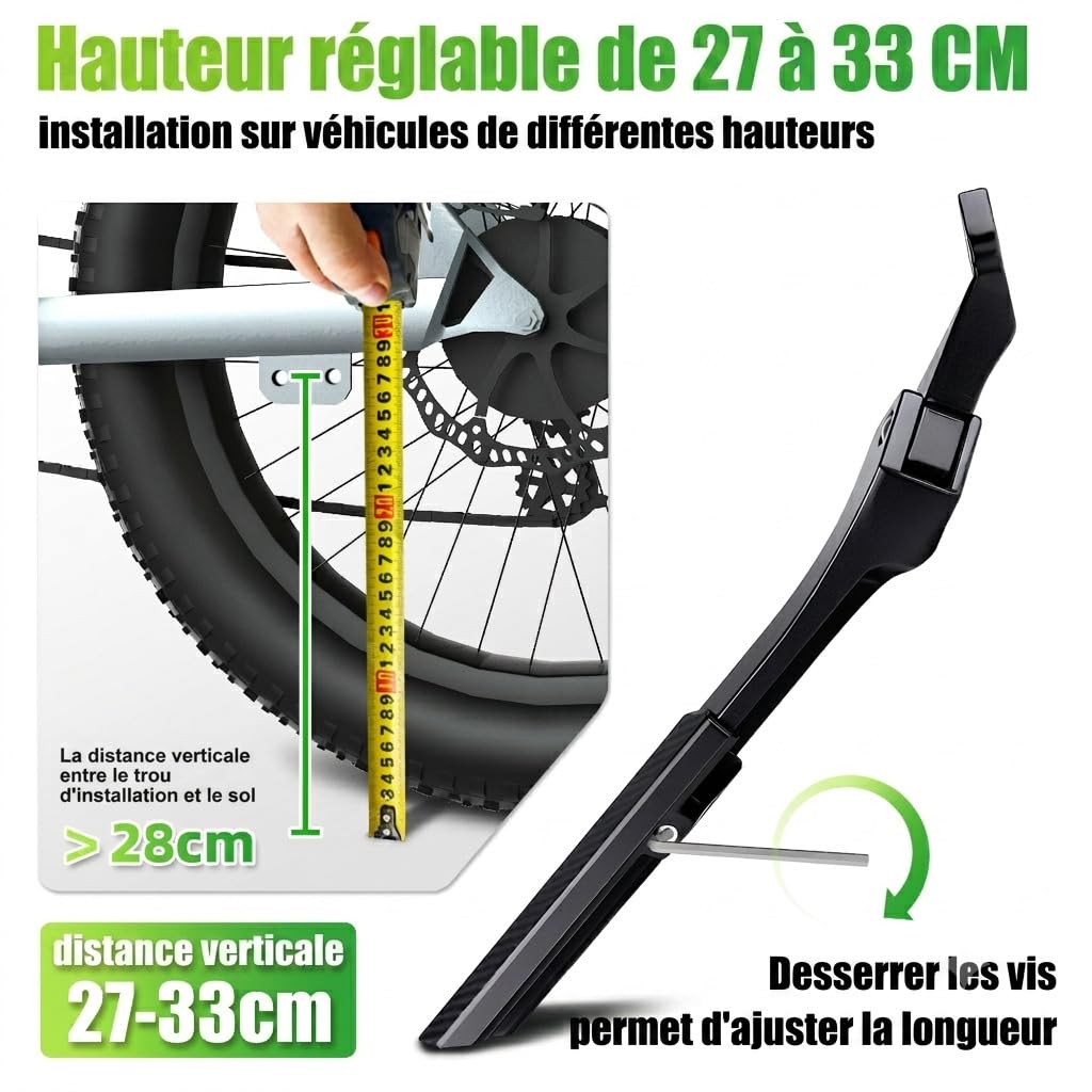 RBRL Support de vélo électrique (Roue arrière) – avec 2 Trous de 40 mm, capacité de Charge de 85 kg, béquille latérale en Aluminium Ultra-Robuste pour vélos de 26 à 29 Pouces