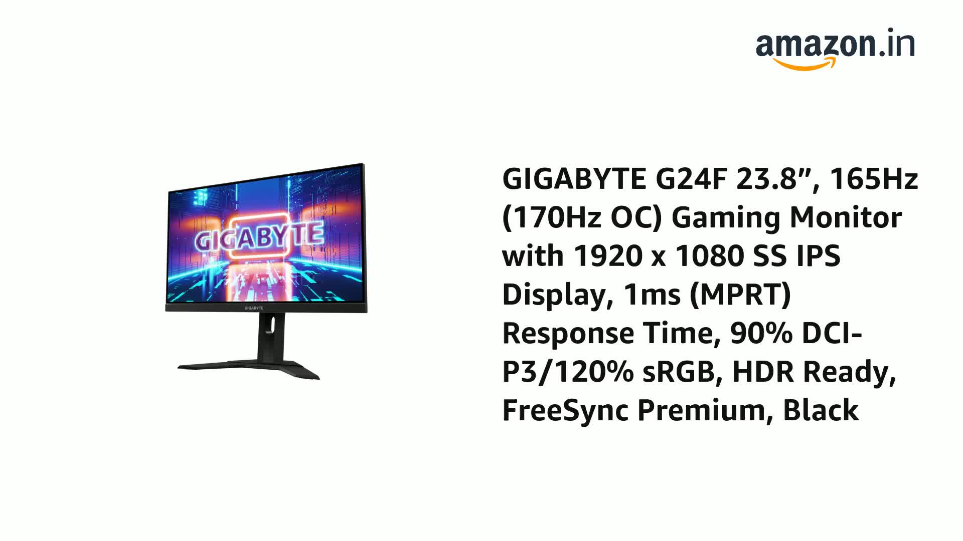 GIGABYTE G24F 23.8 Inch (60.452 Cm), 165Hz (170Hz Oc) Gaming Led