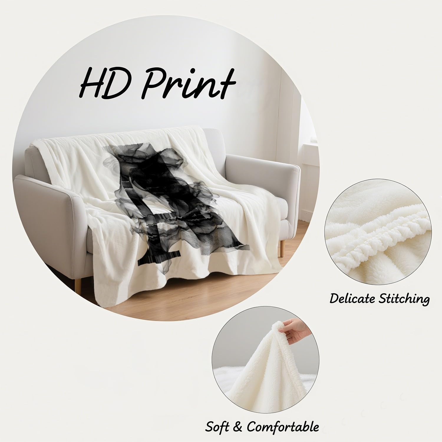 Genérico Manta Apta para Cama y Sofá Cálida y Confortable Ligera y Envolvente Calidez con Estilo Moderno 150 x 200 cm Artístico con Estilo Letras Negro