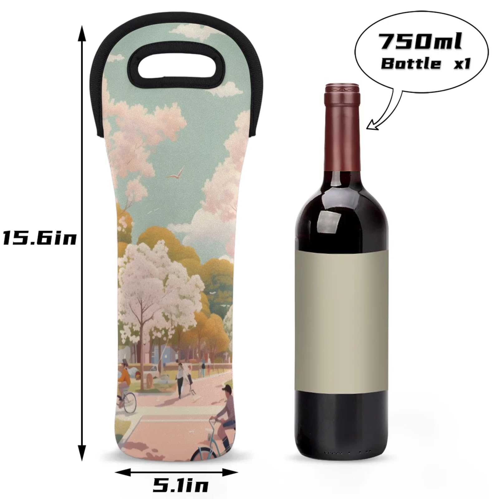 Neoprene Wine Tote Carrier Bag for Wine,Water, Champagne, Beer, Baby Bottles 15.6 x 5.1 Inches, Protective Wine Bag,Landscape City