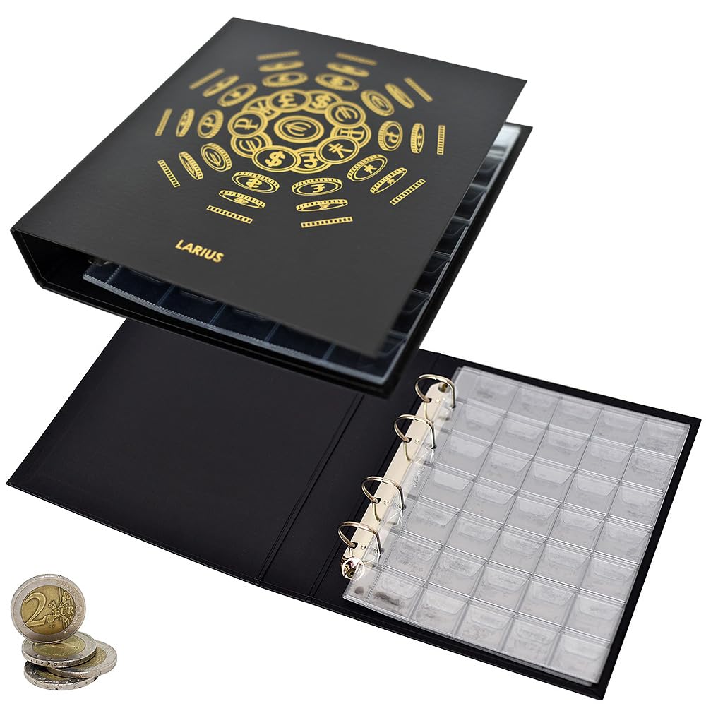 Larius Coin Album - Optima Format Ring Binder for Coin Sheets and Cases - Ideal for Coins Banknotes & Postcards (Black)