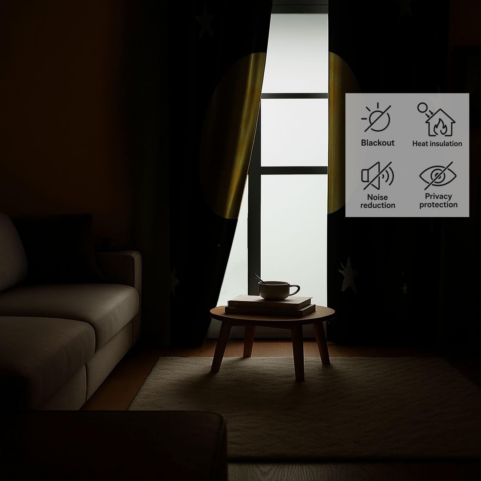 Cortinas Opacas Termicas Aislantes Frio y Calor de Casa Cortina 100% Blackout Libro Ilustrado Infantil Estrellas Y Luna, Acustica con Ojales para Salon Dormitorio 2 Piezas, Negro, 91.5 x 214 cm