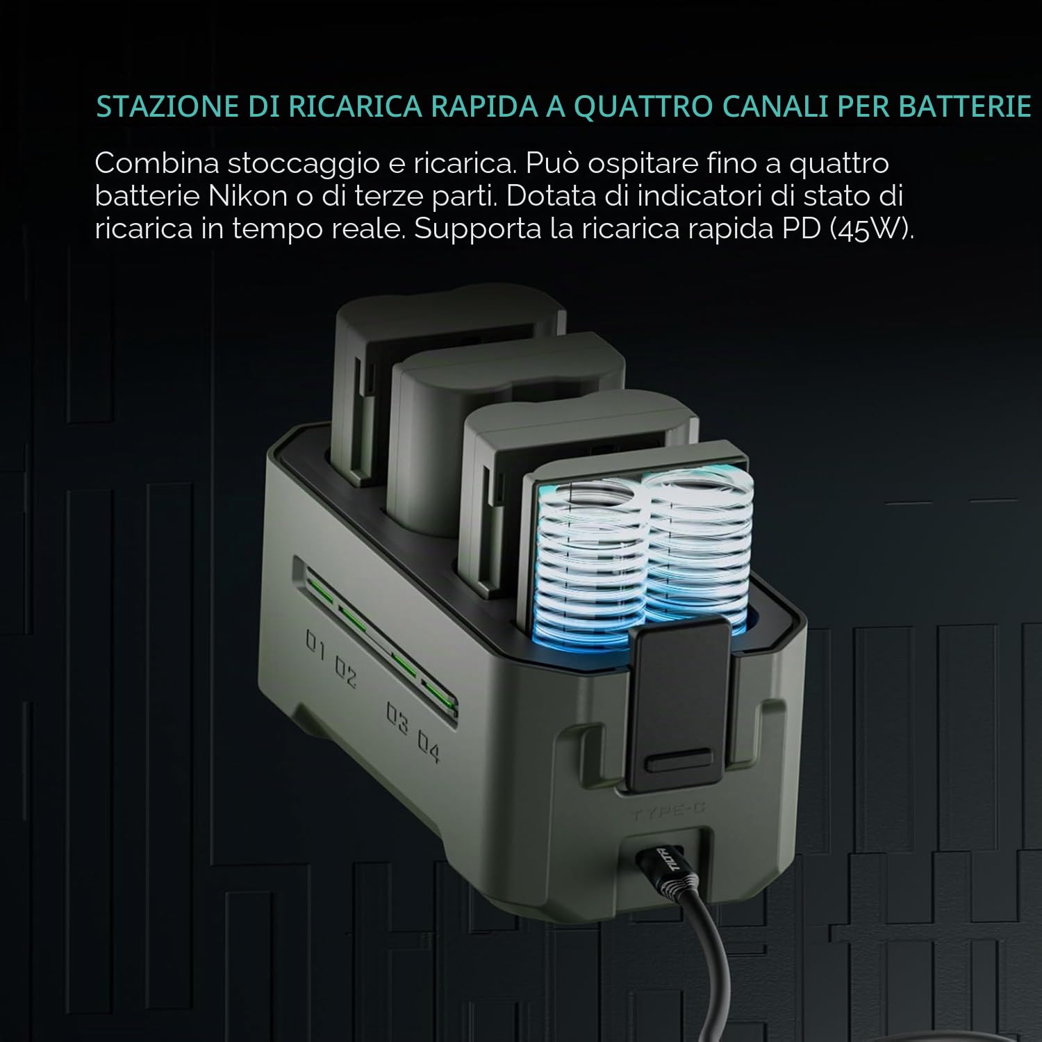 Set di batterie e caricabatterie EN-EL15C, 2 batterie da 2400 mAh e caricabatterie rapido USB-C PD 45W a quattro canali, compatibile con Nikon Z8, Z7, Z6, D850, D810, D750, D610, D500, TBC-EL15C-A-GN