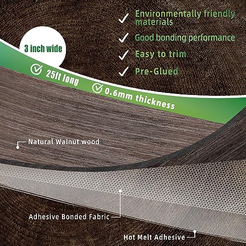 Image of Walnut Edge Banding, 3 inch x 25ft roll of Veneer Edge Banding, Pre-glued Flexible Real Wood Tape for Cabinet Repair and Furniture Restoration