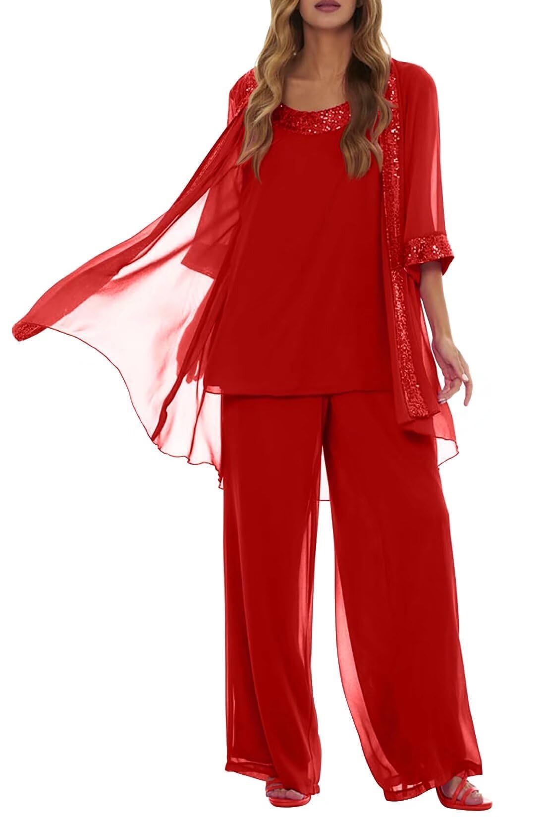 3 Pieces Mother of The Bride Pant Suits for Women Dressy - Chiffon Sparkly Sequin 3 4 Sleeve