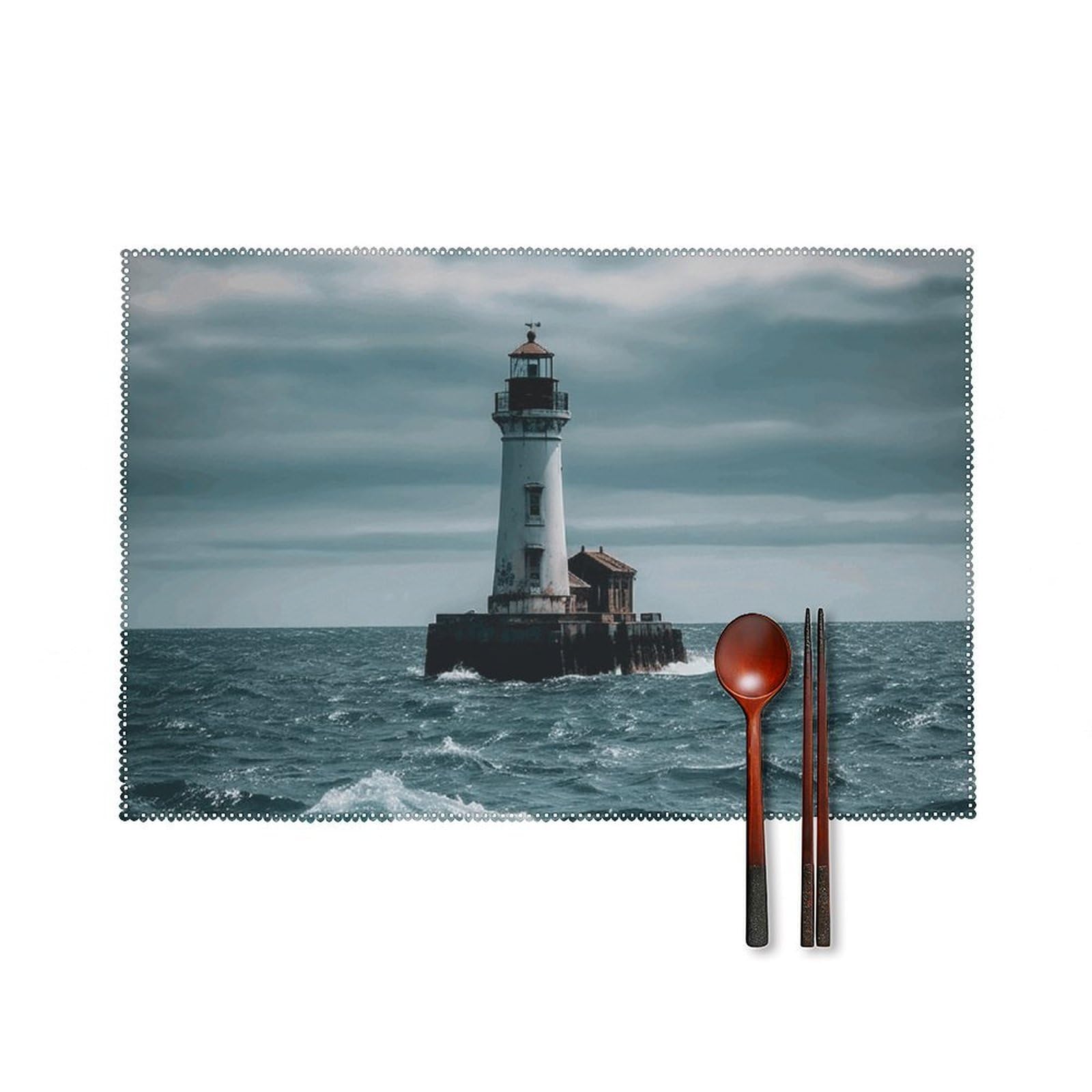 Lighthouse Ocean Placemats Set of 6, 12x18 Inch Heat Resistant Washable Canvas Table Mats, Stain Resistant Decorative Dining Placemats for Kitchen, Restaurant, Outdoor Party