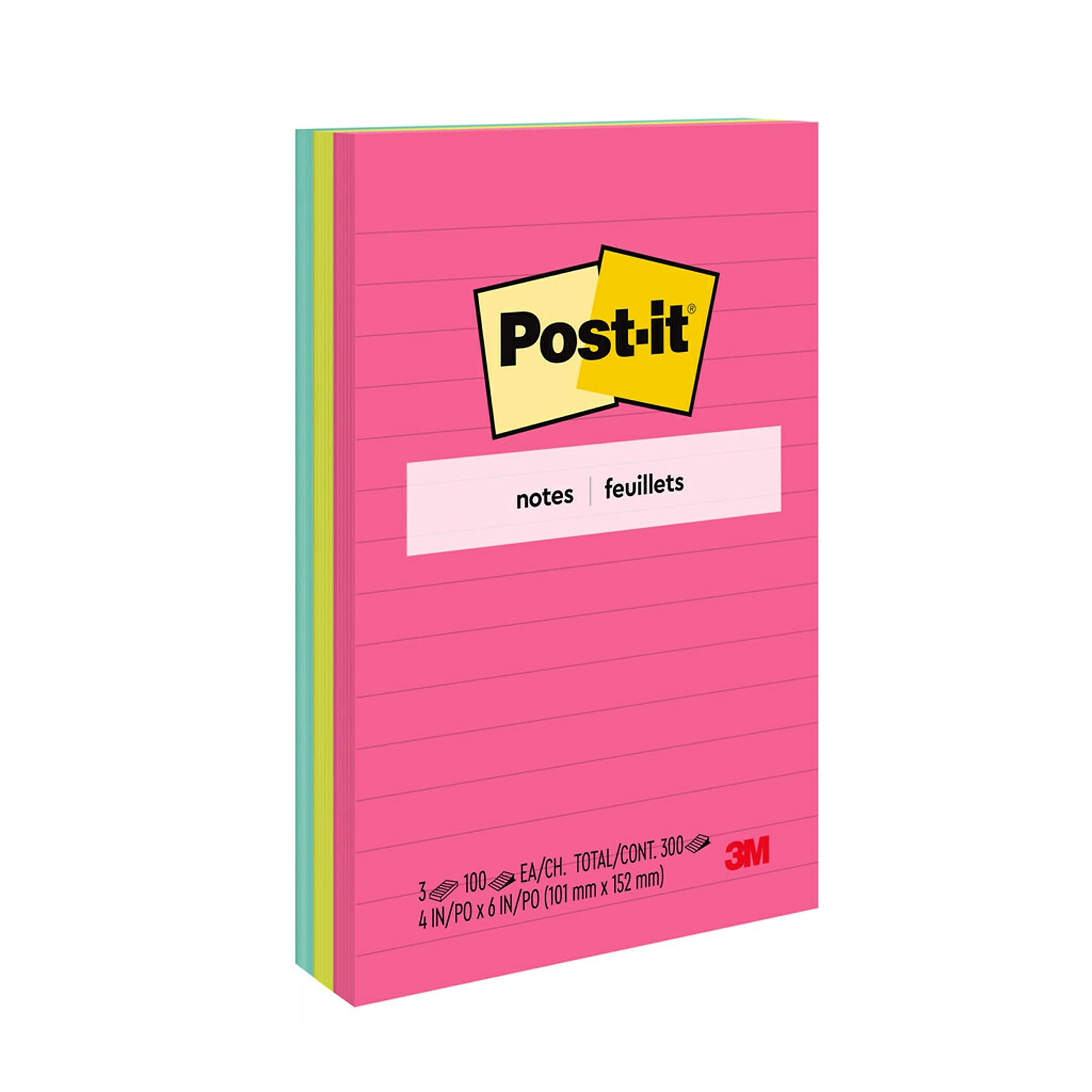 Post-it 6603AN Original Pads in Cape Town Colors, Lined, 4 x 6, 100-Sheet, 3/Pack
