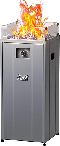 BALI OUTDOORS Chimenea de gas de 15 pulgadas, cuenco exterior de propano con protector de viento de vidrio, chimenea cuadrada para patio con piedra