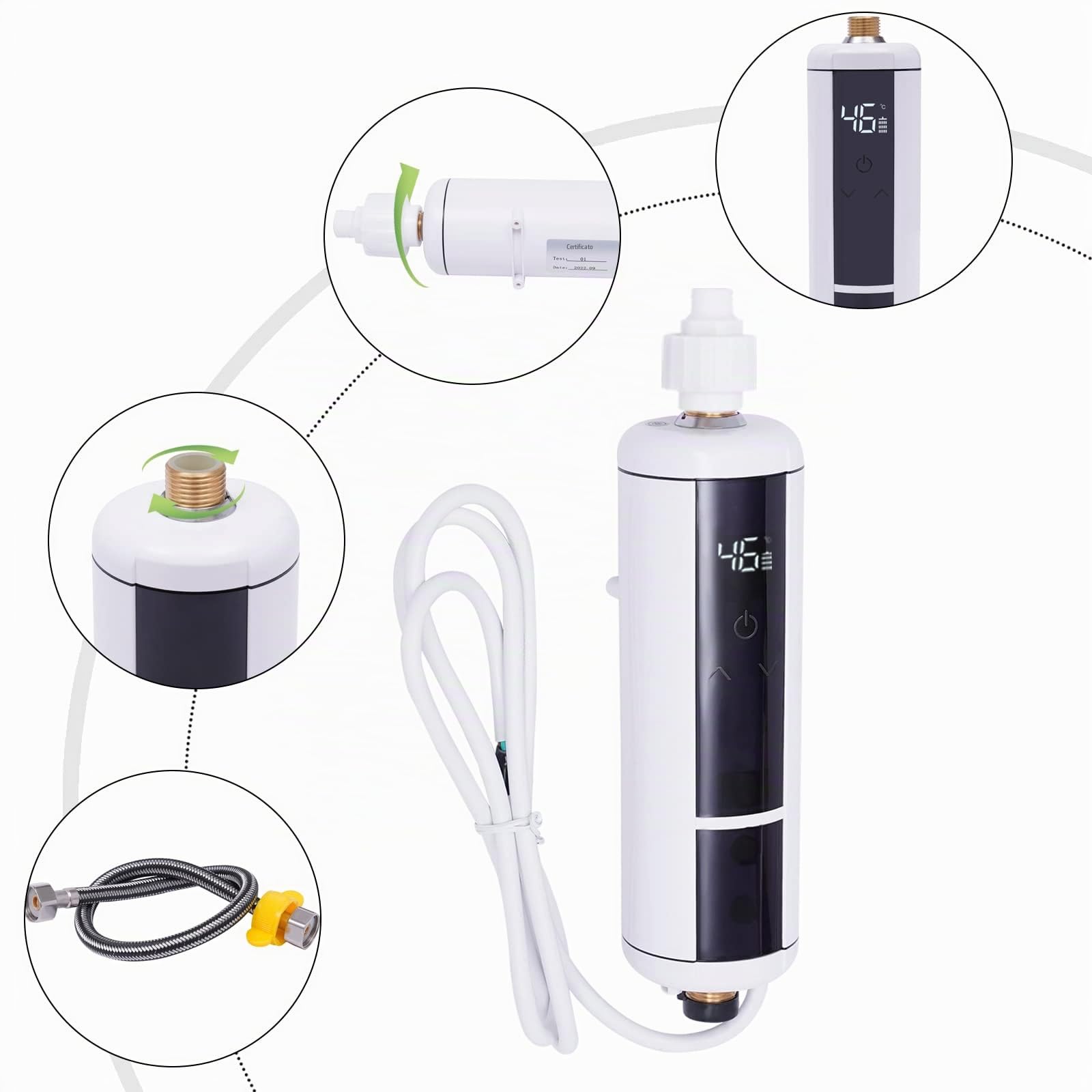 Scaldacqua istantanea, 3500 W, 220 V, senza serbatoio, con indicatore di temperatura a LED e protezione a secco, acqua calda istantanea per doccia, lavandino, cucina, risparmio energetico e