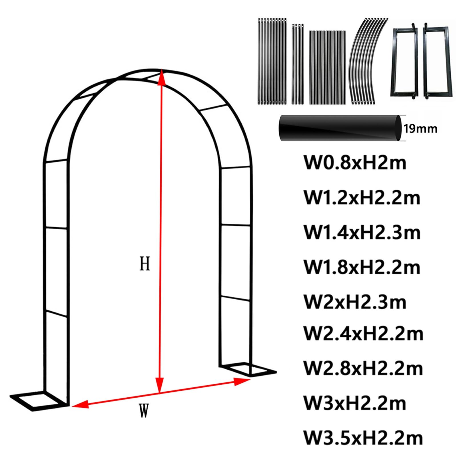 Metalowy łuk ogrodowy do roślin pnących, 1,8 x 2,2 m, dekoracyjna altana na wesela, imprezy i dekoracje zewnętrzne, idealna do winorośli i kwiatów (czarna)