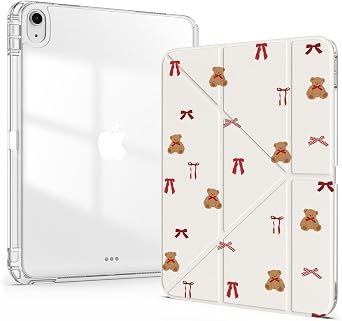 Cute Case for iPad A16 11th Gen 2025 11-inch/10th Gen 2022 10.9 inch 2022, Clear Acrylic Back Case with Pencil Holder, Detachable Mutil Angles Folding Y-Shaped Stand Cover, Bear-Red Bow