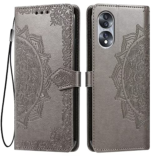 HONLEN Funda para Honor 70 5G Carcasa, (6.67' Inches) Premium PU Cuero Cartera Magnético Flip Case 3 Ranura Tarjeta, Soporte Case, Diseño de Mandala Gris
