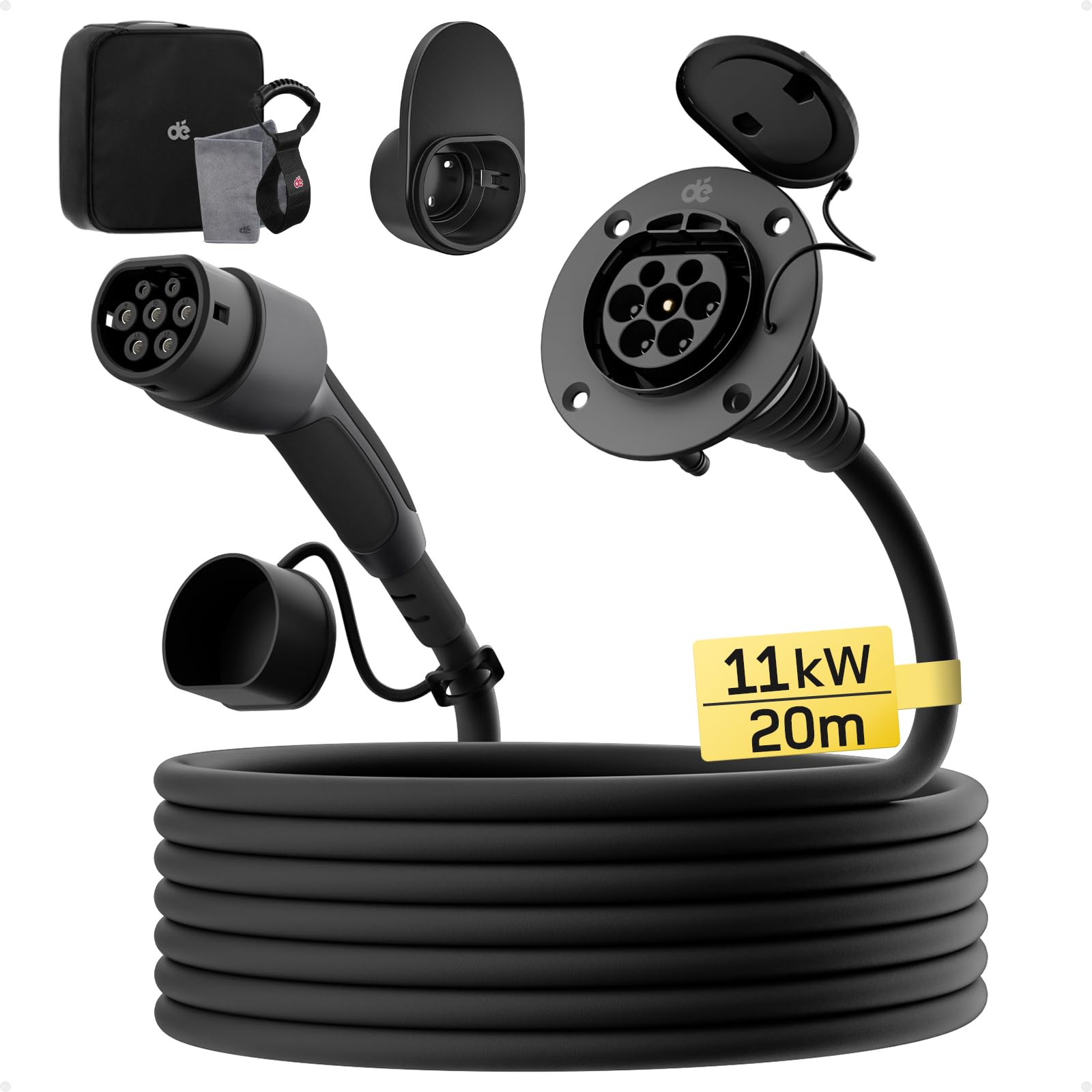 dé Prolunga Cavo Ricarica Auto Elettrica Tipo 2 [20m, 11kW, 16A] Cavo di Ricarica Trifase 400V, con Valutazione IP54, Compatibile con Tutti i BEV e HPEV IEC62196-2, con Borsa da Trasporto