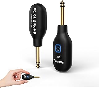 A12 Wireless Guitar Transmitter Receiver - 2.4GHz System, 24-bit 48KHz Audio, 100ft Range, No Latency, Rechargeable, Easy Pairing for Electric Guitar & Bass - Accessories (1TX+1RX)